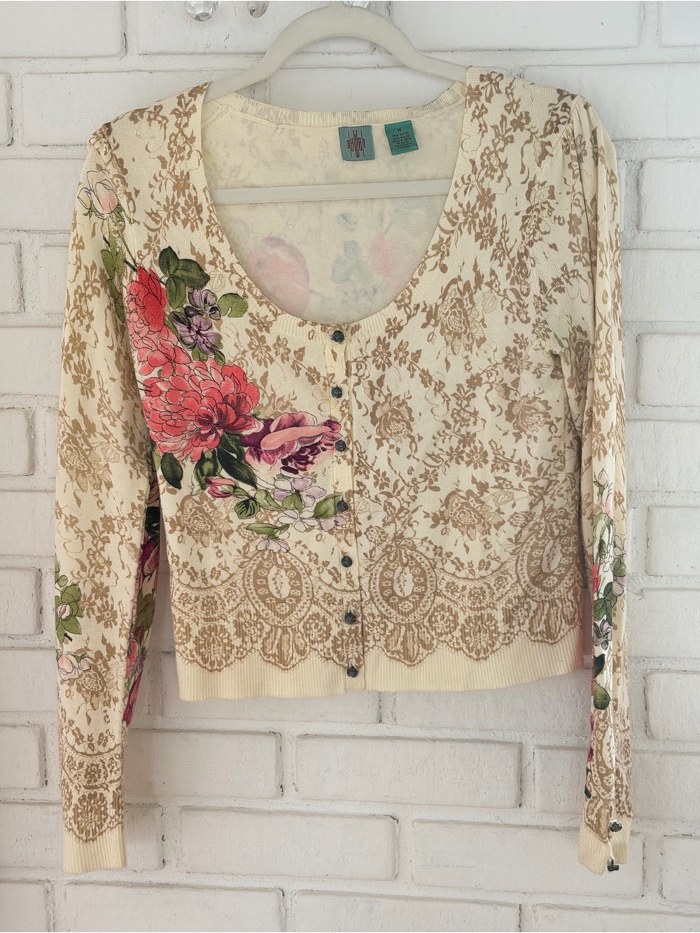 Floral Lace-Print Cardigan Sweater - Cream with Pink Floral Accents